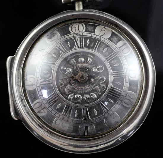 An early 18th century silver pair cased keywind verge pocket watch by Peter? Harvey, Brantree, a.f.